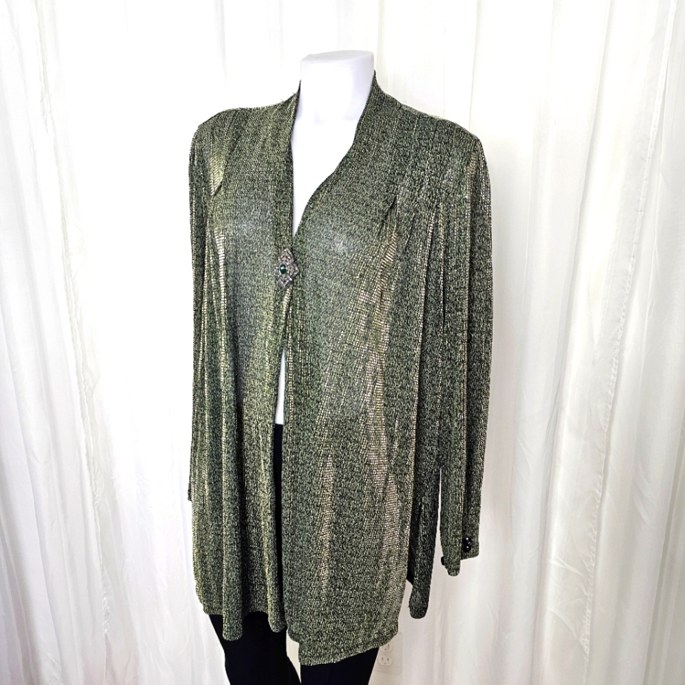 Noreen Phillips Antigua olive green shimmer thin cardigan topper brooch clasp L